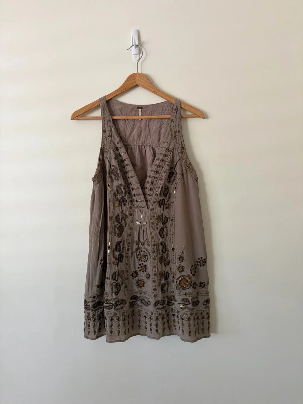 Free People Taupe Beaded Mini Dress